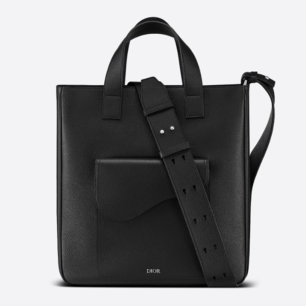 Front view of Dior Men Saddle Tote Bag with Shoulder Strap Black Grained Calfskin