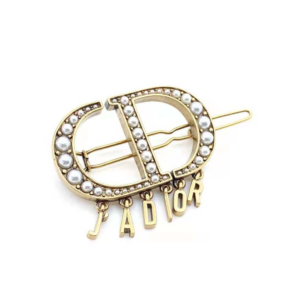 Dior Women 30 Montaigne Barrette Antique Gold-Finish Metal and White Resin Pearls - image 4