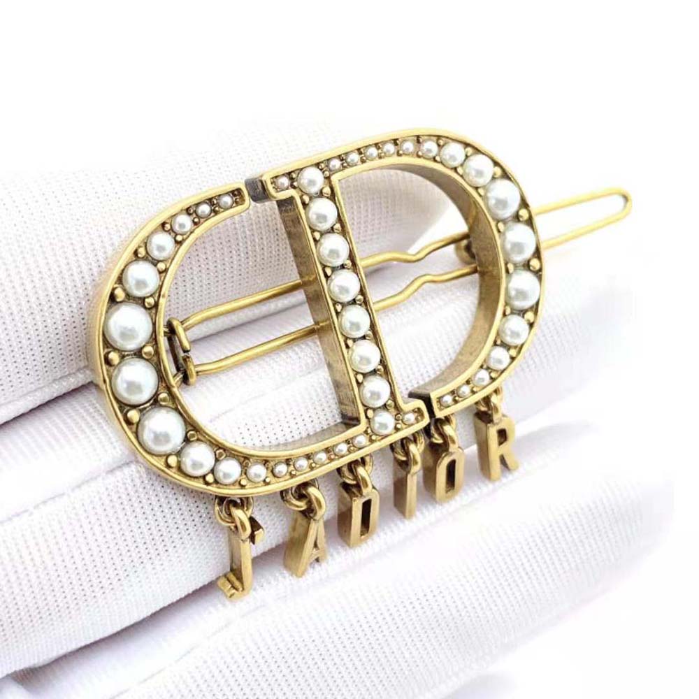 Dior Women 30 Montaigne Barrette Antique Gold-Finish Metal and White Resin Pearls - image 6