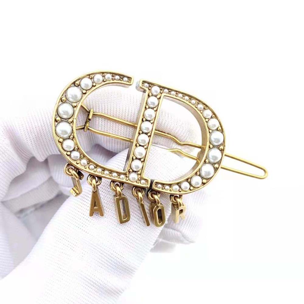 Dior Women 30 Montaigne Barrette Antique Gold-Finish Metal and White Resin Pearls - image 5