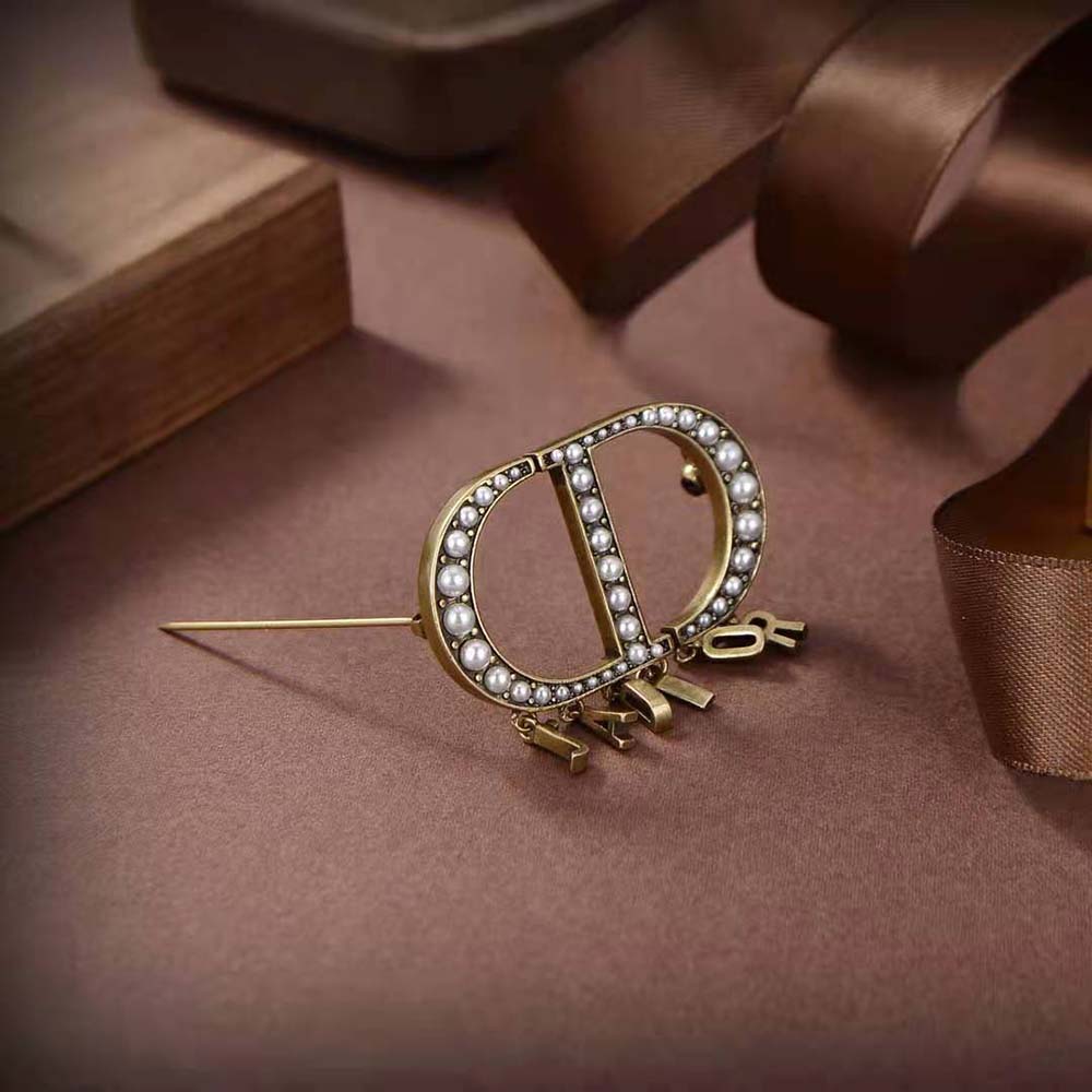 Dior Women 30 Montaigne Brooch Antique Gold-Finish Metal and White Resin Pearls7 - image 5