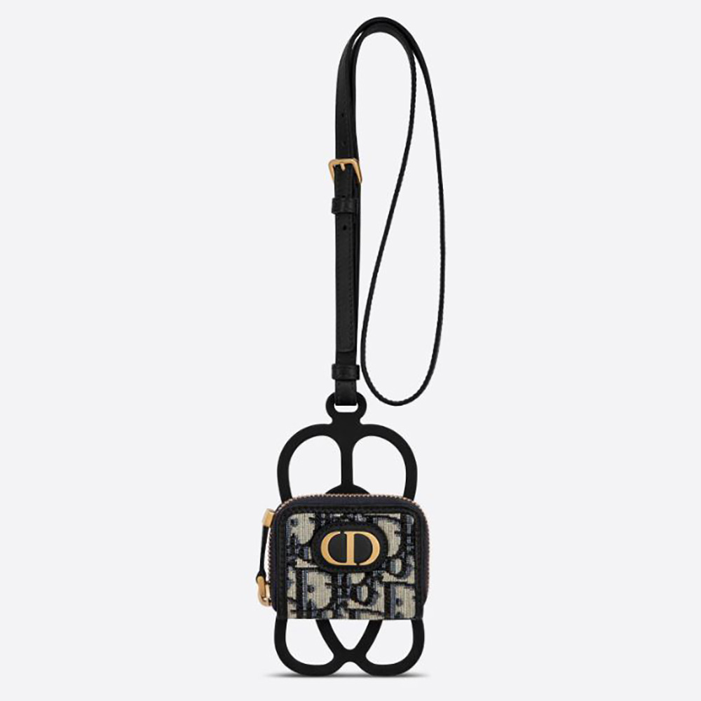 Front view of Dior Women 30 Montaigne Phone Cover with Airpods Pro Case in navy leather