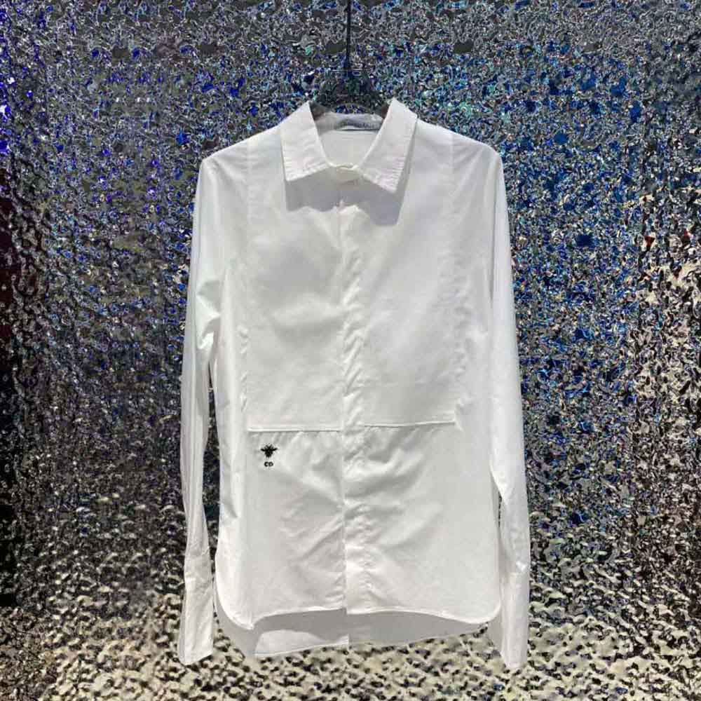 Close-up detail of plastron on Dior Women Blouse with Plastron White Cotton Poplin