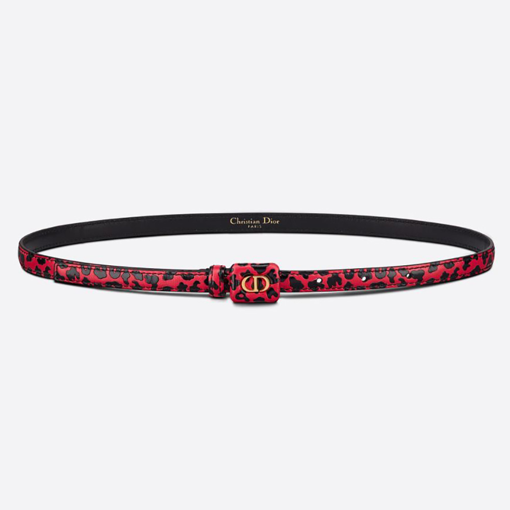 Close-up of Dior Women Bobby Belt Fuchsia and Black D-Leopard buckle detail