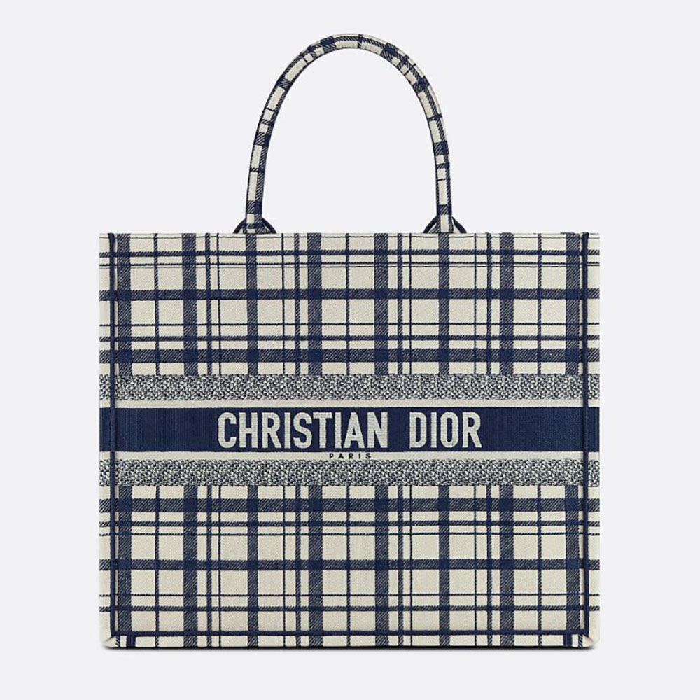 Front view of Dior Women Book Tote Blue Check’n’Dior Embroidery