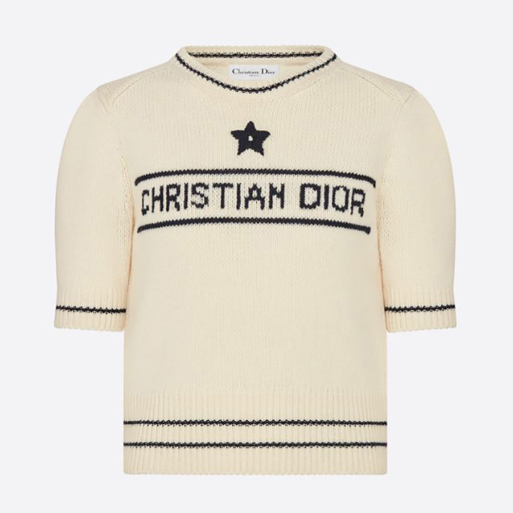 Front view of Dior Women Christian Dior Short-Sleeved Sweater Ecru Cashmere and Wool Knit
