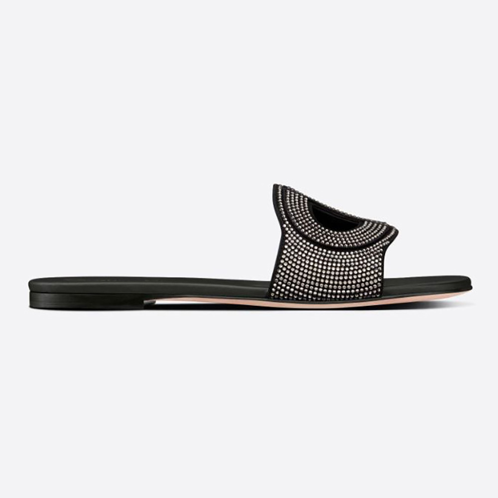 Side angle of Dior Women D-Club Slide Black Suede Calfskin showing strass detail