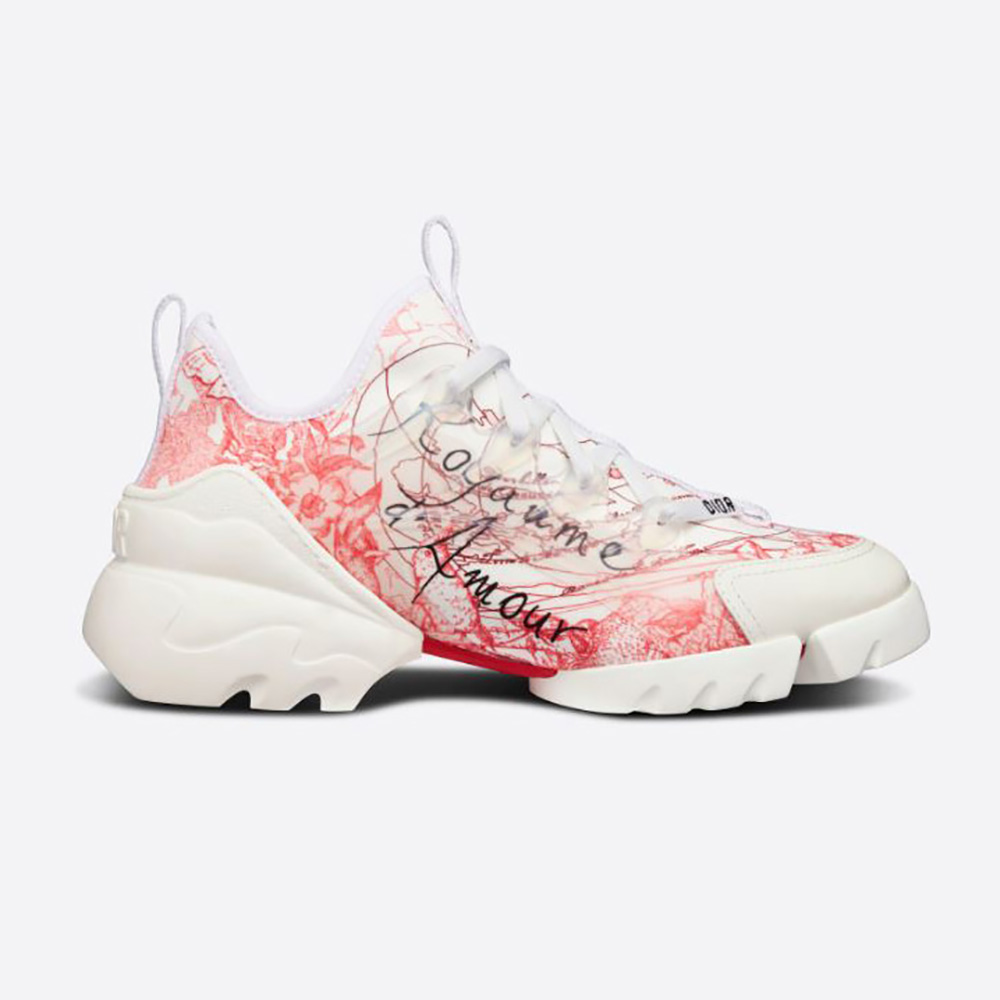 Side profile of Dior Women D-connect Dioramour Sneaker in red and white