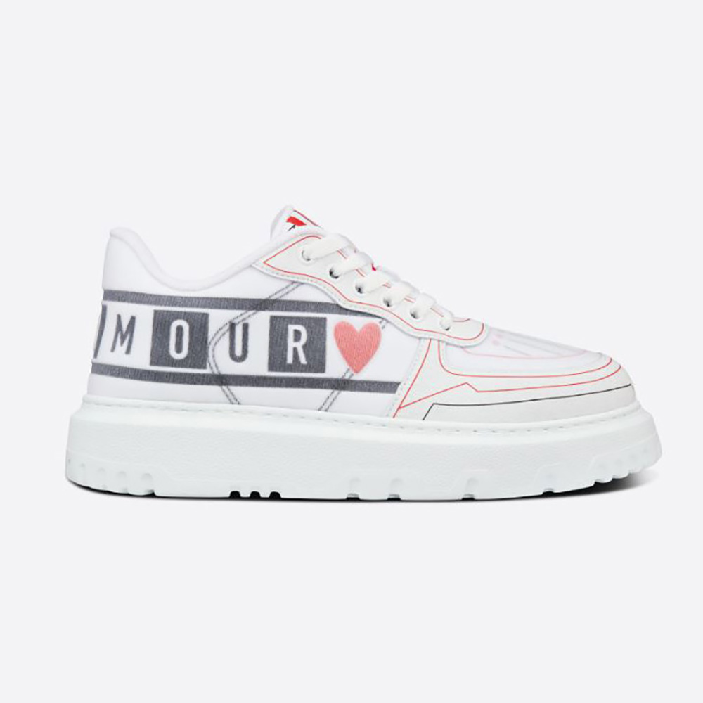 Side view of Dior Women Dioramour Dior Addict Sneaker in white and red heart detail