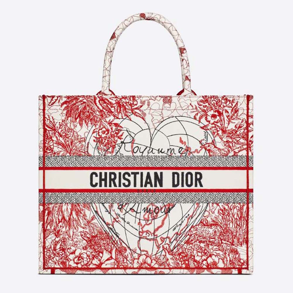 Front view of Dior Women Dioramour Dior Book Tote Red and White embroidery
