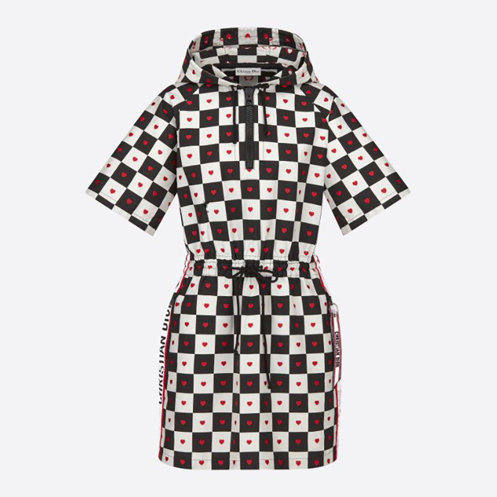 Front view of Dior Women Dioramour Hooded Short Dress black white red