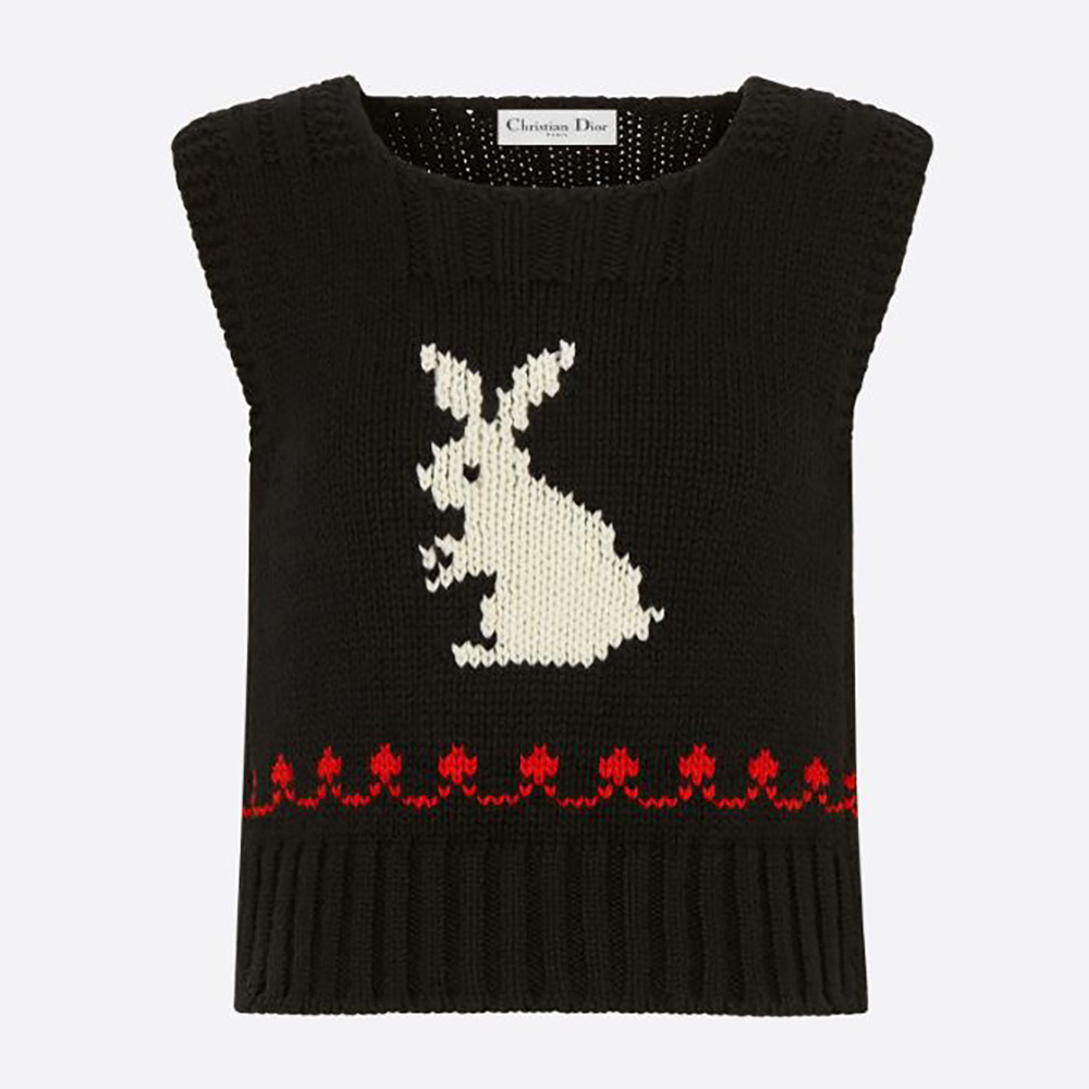 Front view of Dior Women Dioramour Sleeveless Sweater Black White and Red Wool and Cashmere