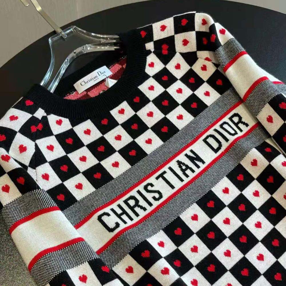 Dior Women Dioramour Sweater Black White and Red D-Chess Heart Double-Sided Technical Cashmere Knit and Wool - image 4