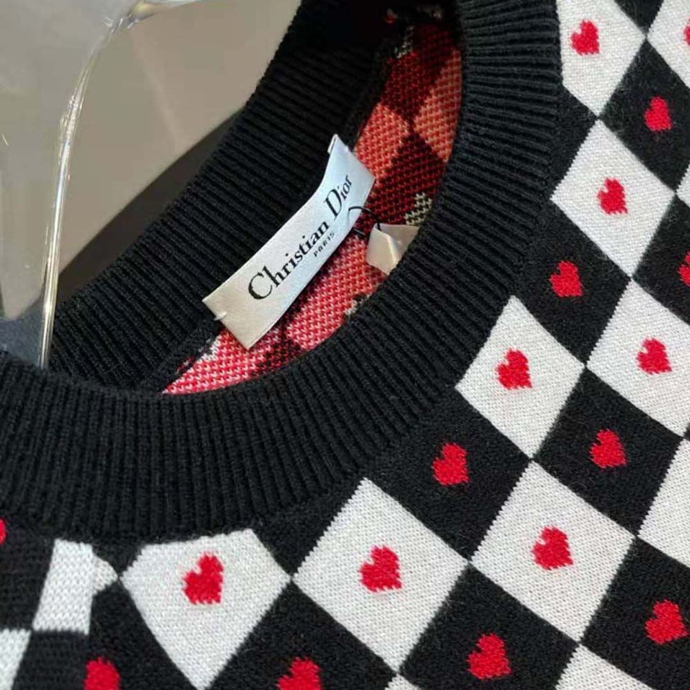 Dior Women Dioramour Sweater Black White and Red D-Chess Heart Double-Sided Technical Cashmere Knit and Wool - image 7