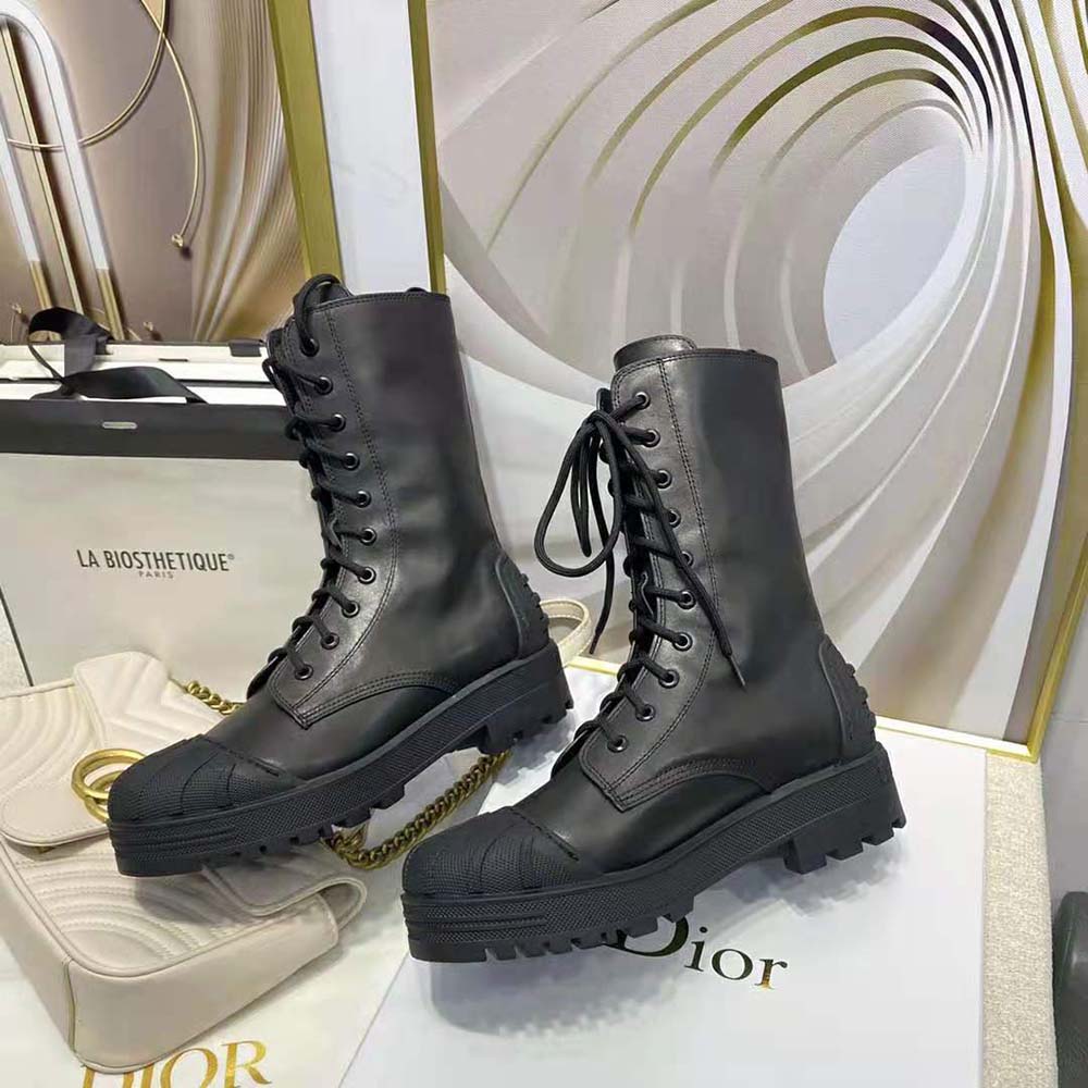 Top angle showing calfskin texture on Dior Women Dioriron ankle Boot