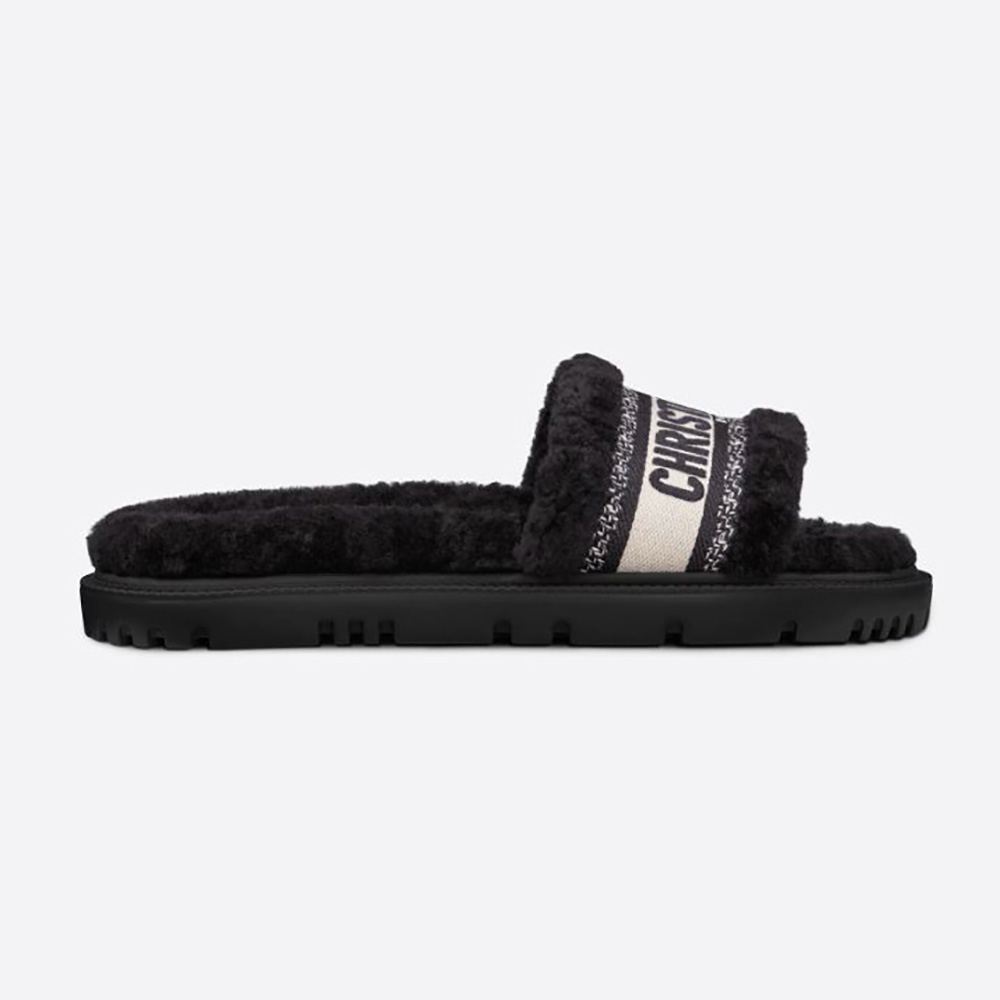 Front angle of Dior Women Dway Slide Black Embroidered Cotton and Shearling
