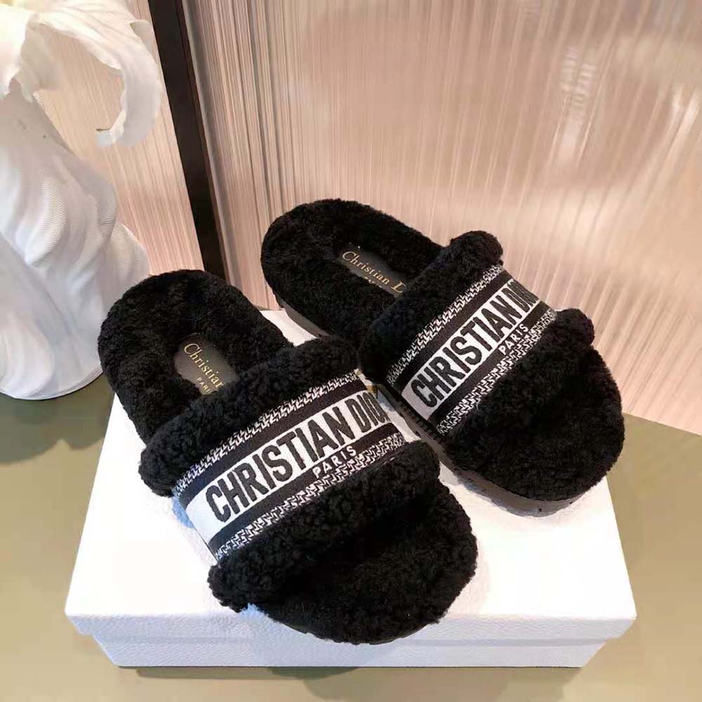 Close-up of black embroidered cotton and shearling on Dior Women Dway Slide