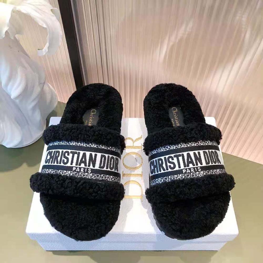 Dior Women Dway Slide Black Embroidered Cotton and Shearling - image 4