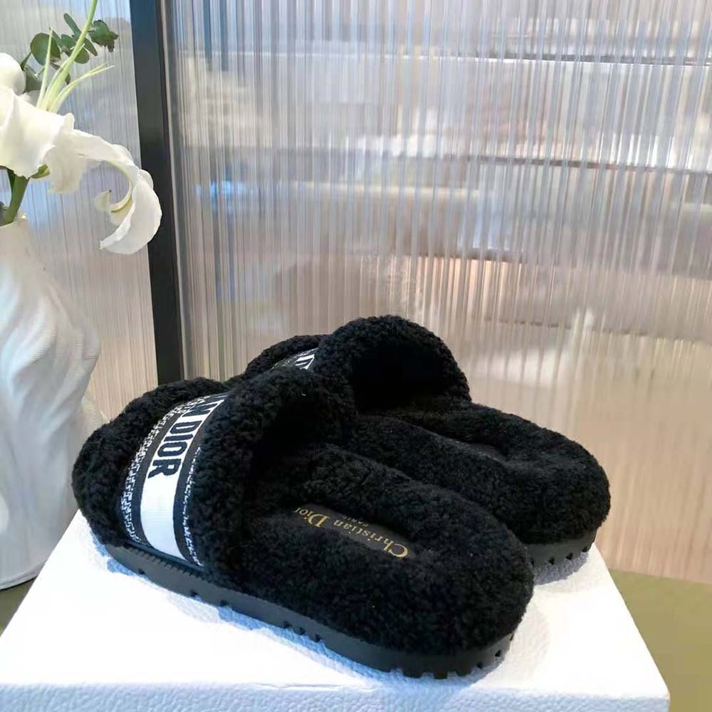 Dior Women Dway Slide Black Embroidered Cotton and Shearling - image 6