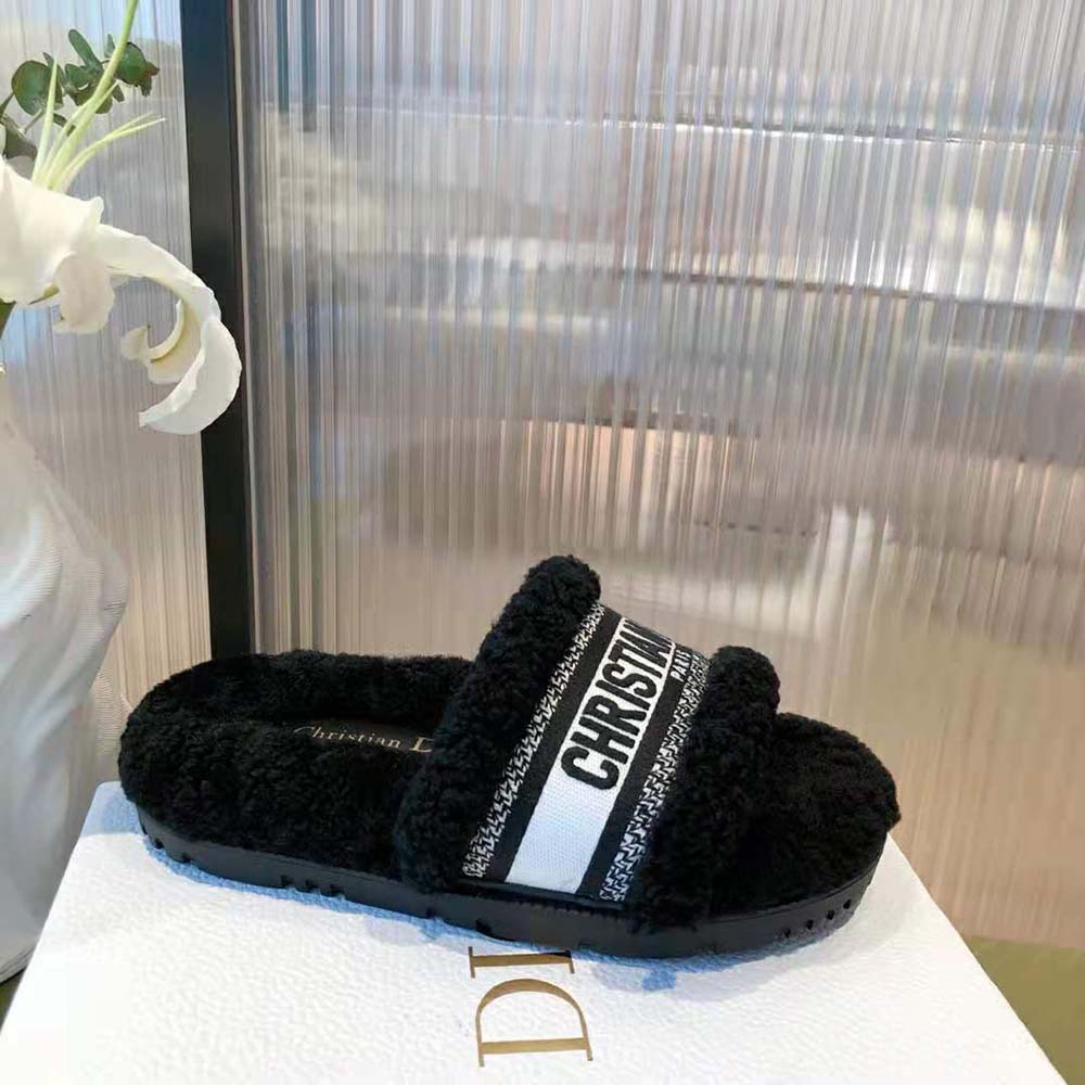 Dior Women Dway Slide Black Embroidered Cotton and Shearling - image 7