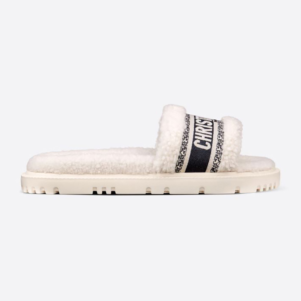 Side profile of Dior Women Dway Slide White Embroidered Cotton and Shearling