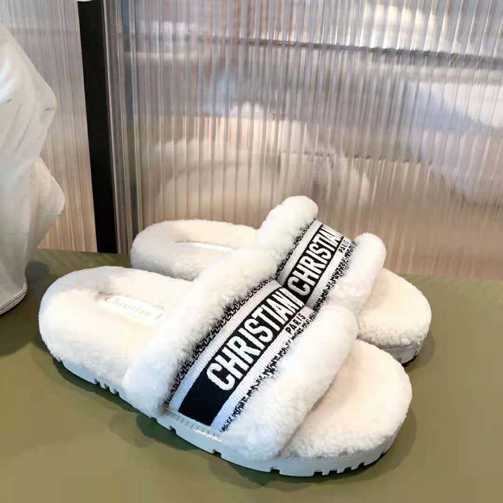 Dior Women Dway Slide White Embroidered Cotton and Shearling - image 4