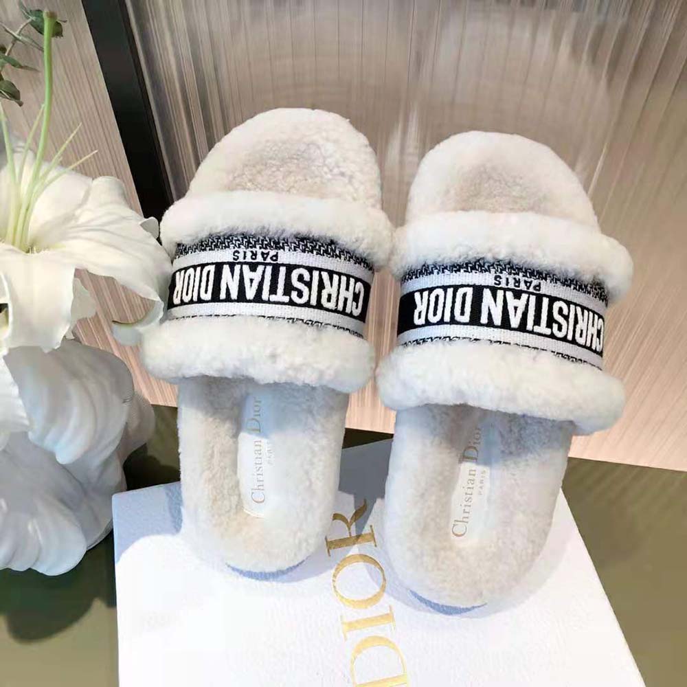 Dior Women Dway Slide White Embroidered Cotton and Shearling - image 5