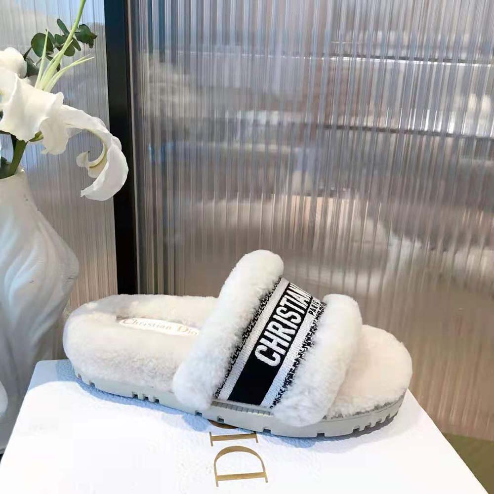 Dior Women Dway Slide White Embroidered Cotton and Shearling - image 7