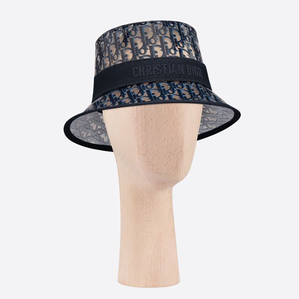 Front view of Dior Women French Small Brim Bucket Hat in blue canvas