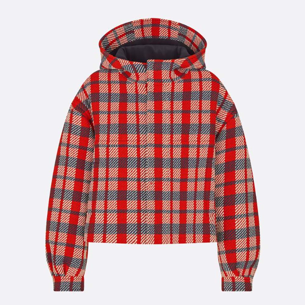 Front view of Dior Women Hooded Blouson Red Black and White Check n Dior Cotton and Wool