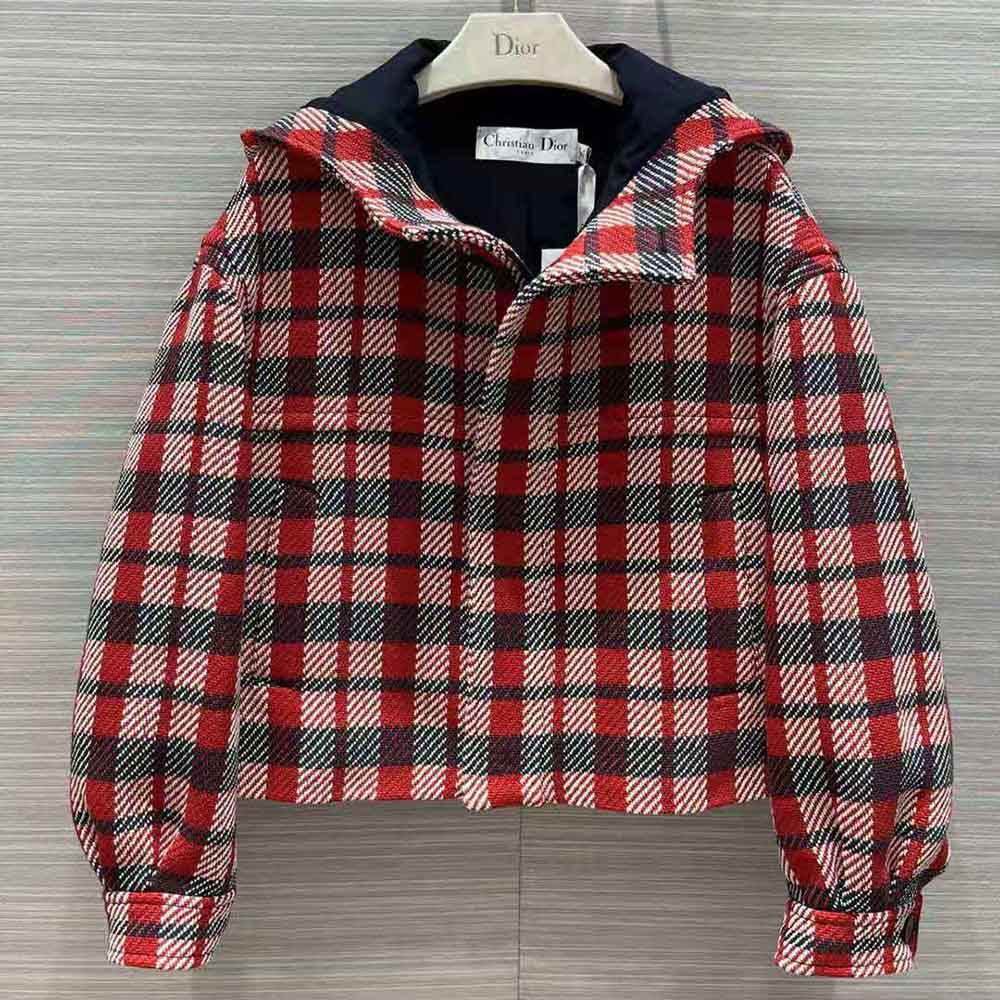 Close-up of branded buttons on Dior Women Hooded Blouson Red Black and White Check