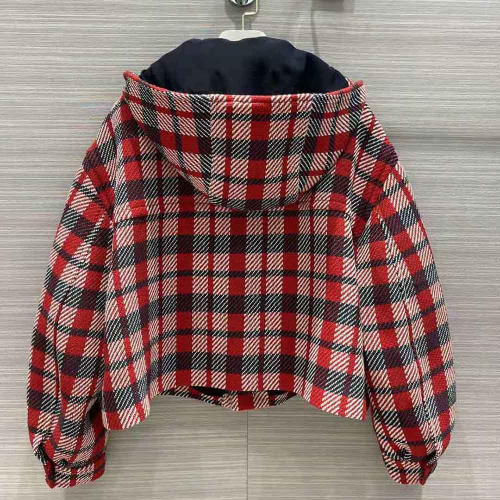 Side angle showing hood detail on Dior Women Hooded Blouson Red Black and White Check