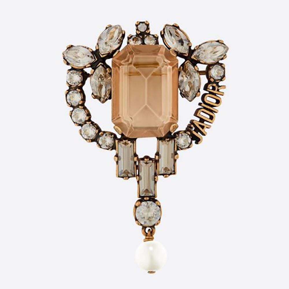 Front view of Dior Women J adior Brooch Antique Gold-Finish Metal and White Resin Pearl