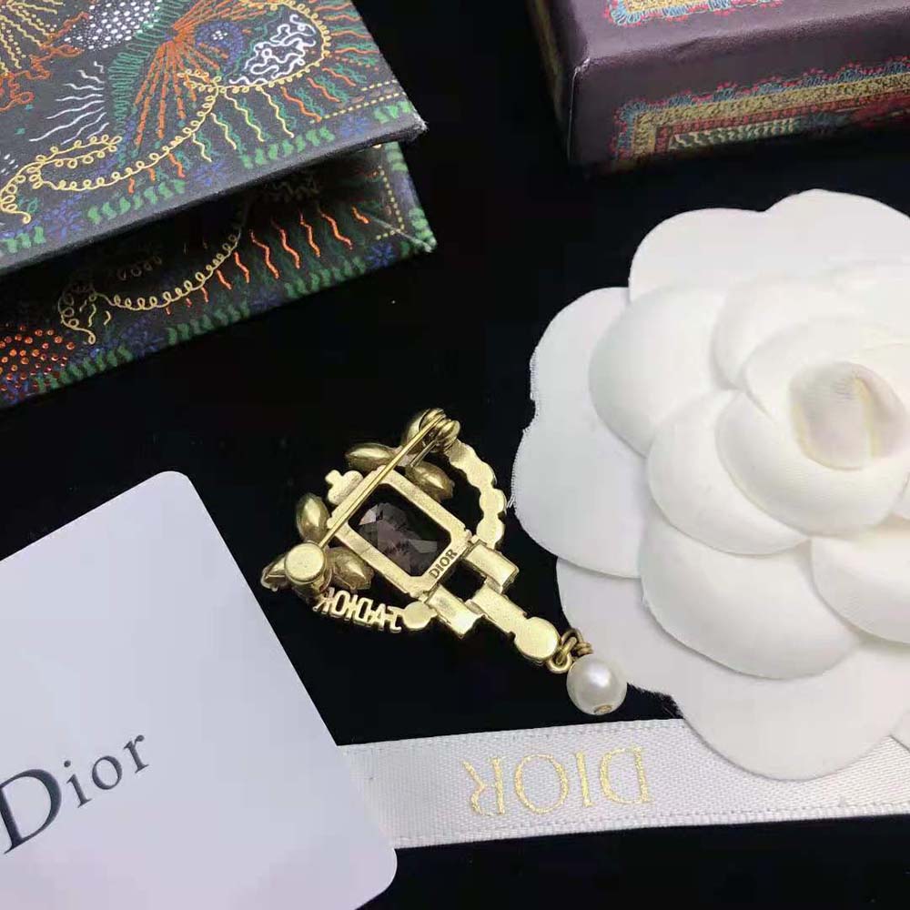 Dior Women J adior Brooch Antique Gold-Finish Metal and a White Resin Pearl - image 8