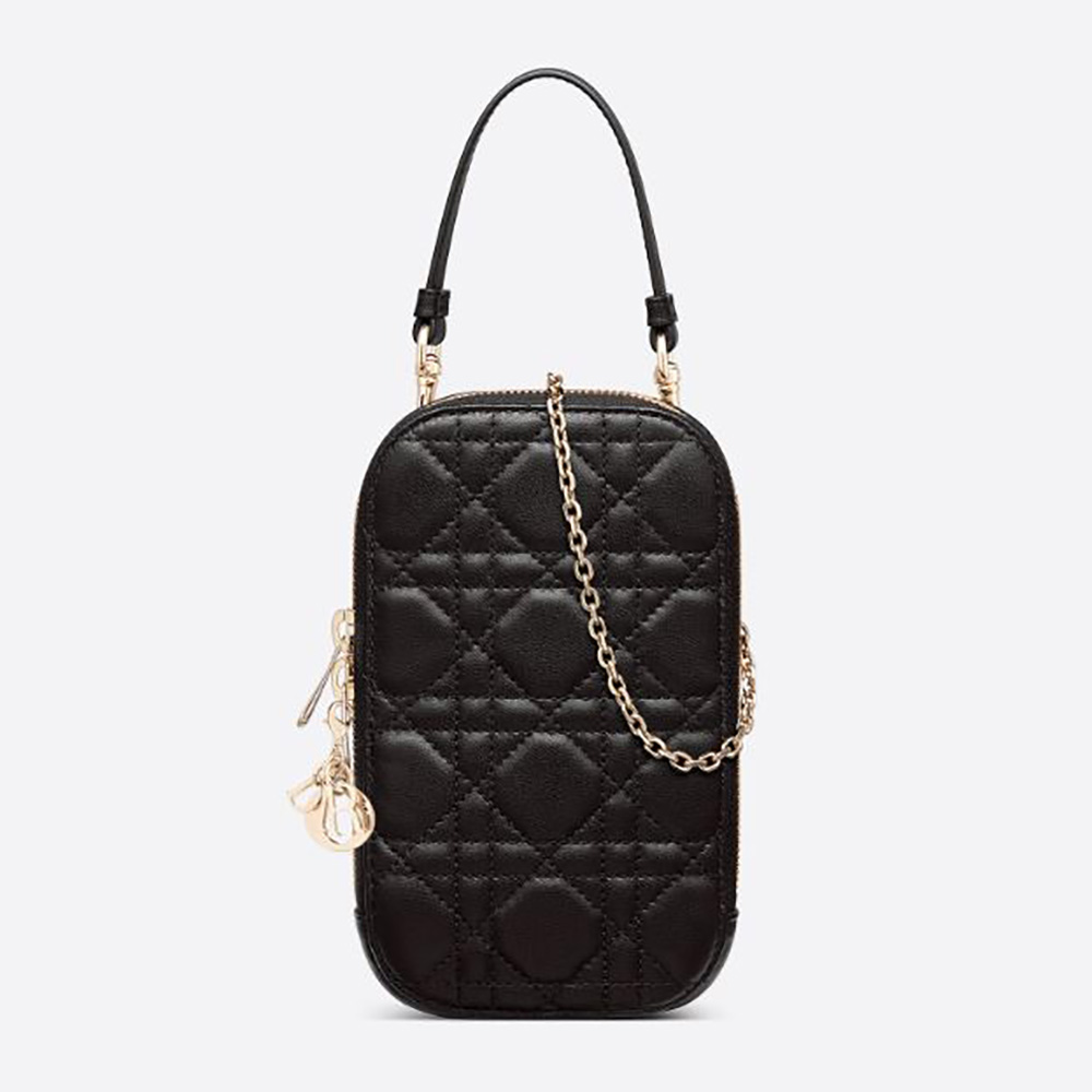 Front view of Dior Women Lady Dior Phone Holder Black Cannage Lambskin