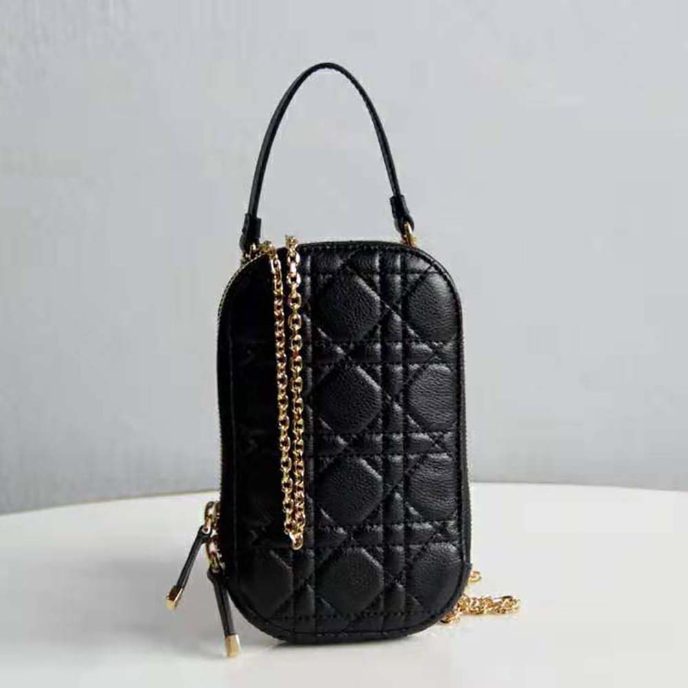 Close-up of quilted Cannage stitching on Dior Women Lady Dior Phone Holder