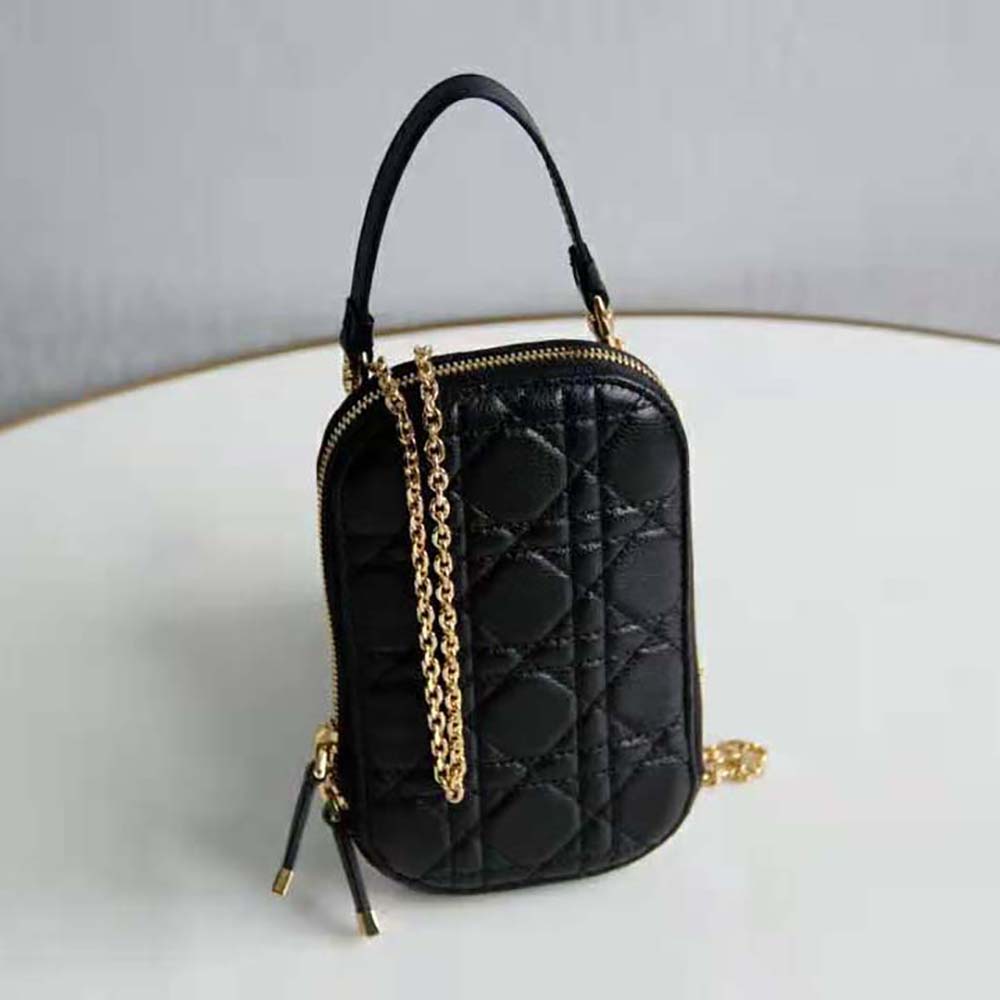 Silver-tone hardware detail on Dior Women Lady Dior Phone Holder Black Lambskin