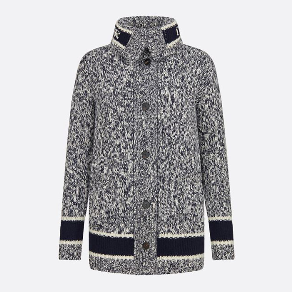 Front view of Dior Women Long Cardigan Navy Blue and White Wool and Cashmere Mouline