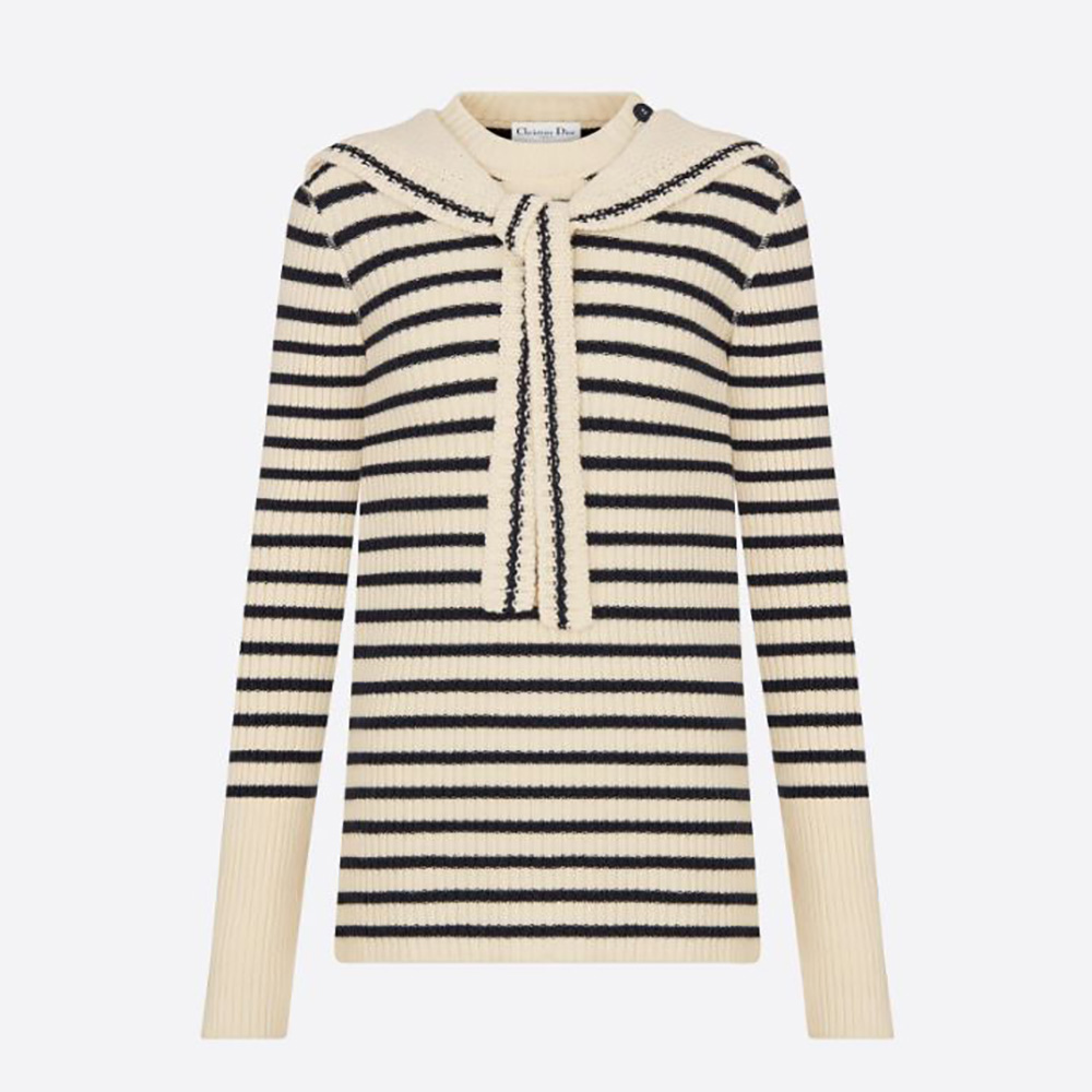 Front view of Dior Women Mariniere Sweater with Removable Collar in beige