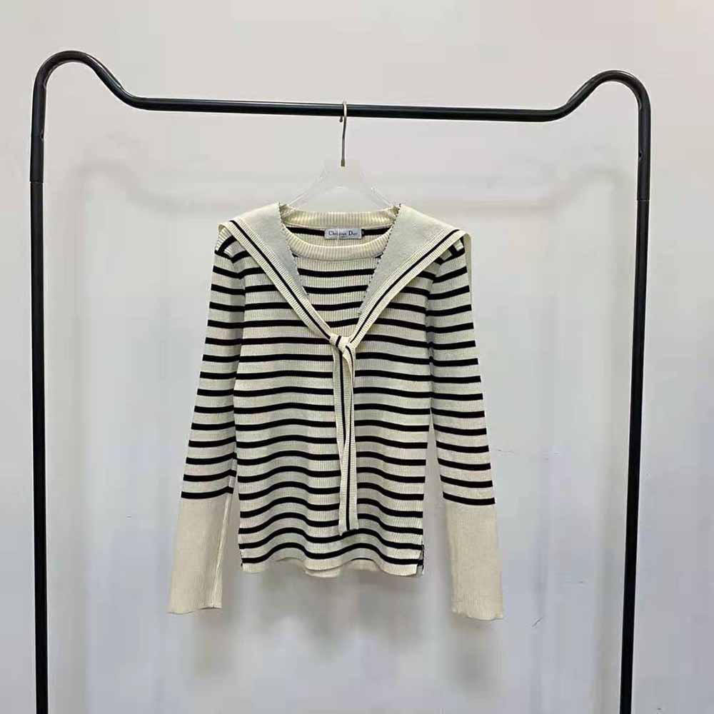 Side angle showcasing relaxed fit of Dior Women Mariniere Sweater with Removable Collar