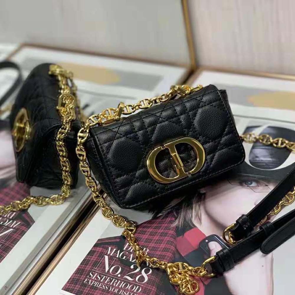 Close-up detail of Cannage quilting on Dior Women Micro Dior Caro Bag