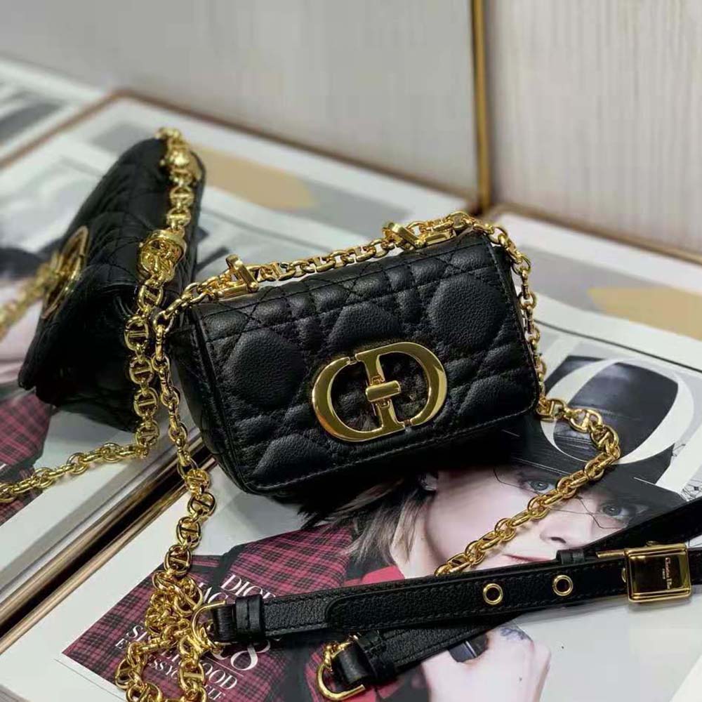 Side profile showing flap closure of Dior Women Micro Dior Caro Bag