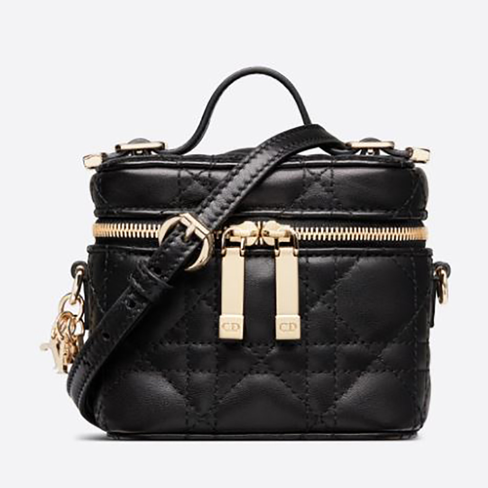 Front angle of Dior Women Micro Lady Dior Vanity Case Cannage Lambskin-Black