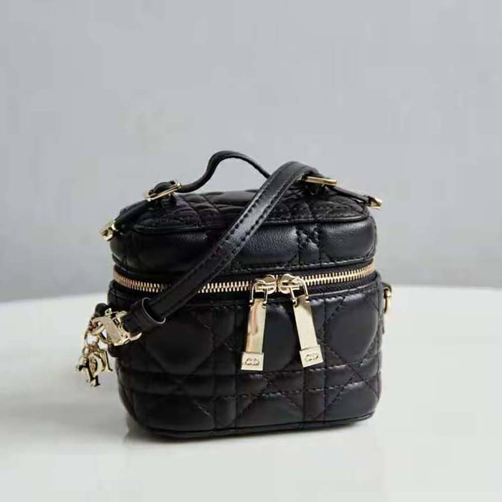 Close-up of Cannage stitching and gold hardware on Lady Dior Vanity Case