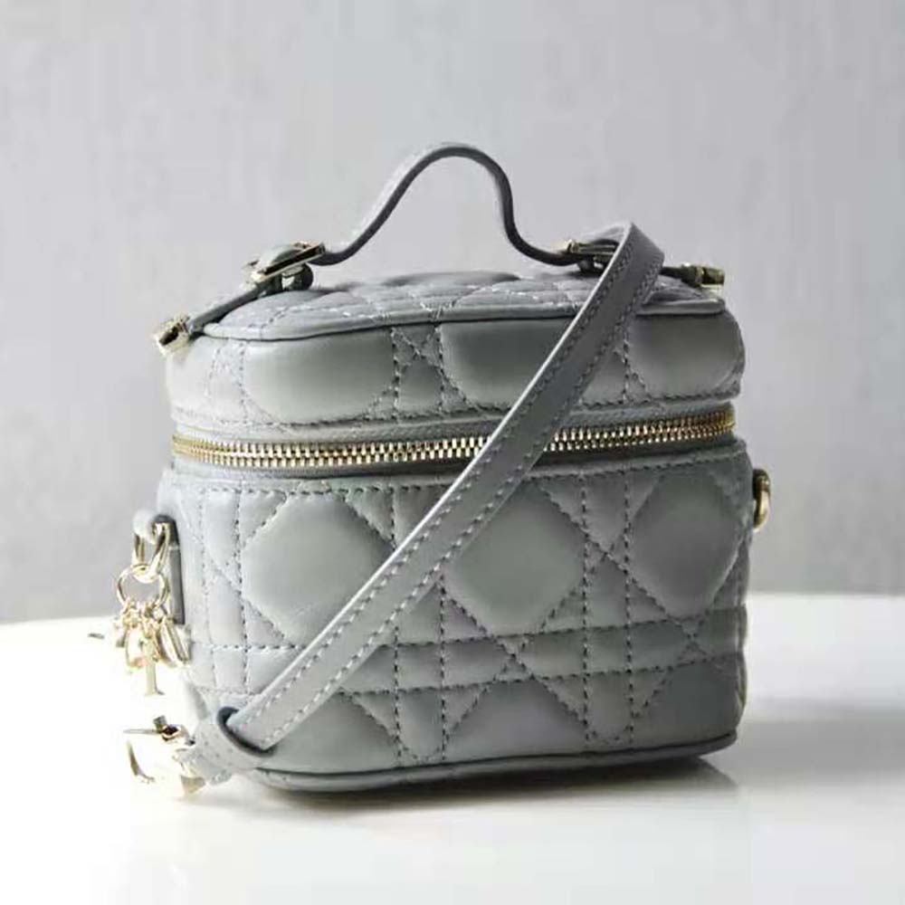 Side angle showing silver hardware on Dior Women Micro Lady Dior Vanity Case
