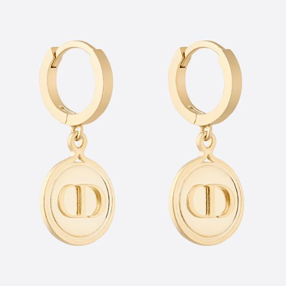 Close-up front view of Dior Women Petit CD Earrings Gold-Finish Metal