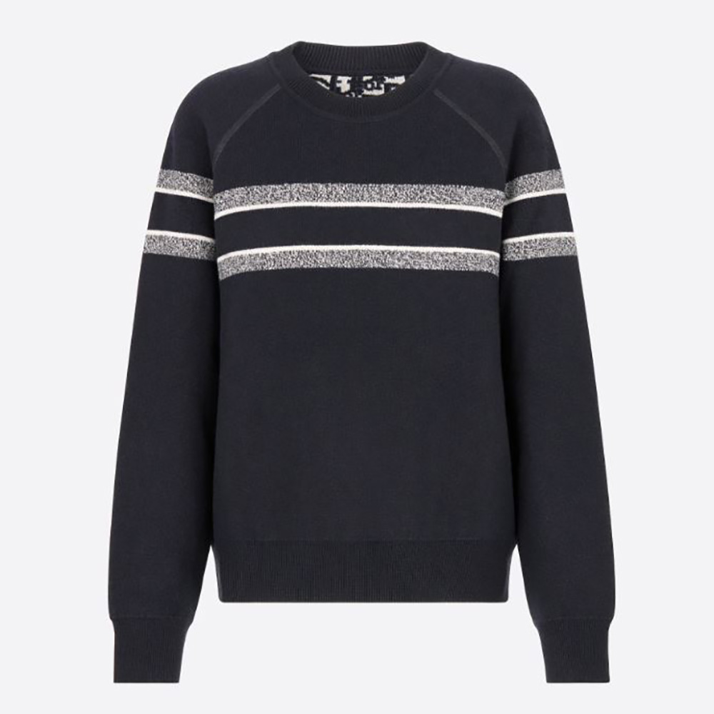Front view of Dior Women Reversible Crew-Neck Sweater Blue Double-Sided Technical Cashmere