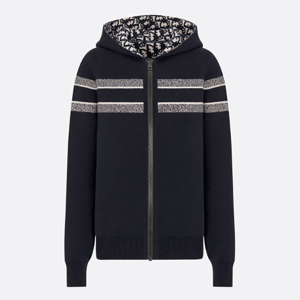 Front view of Dior Women Reversible Cardigan with zipped hood