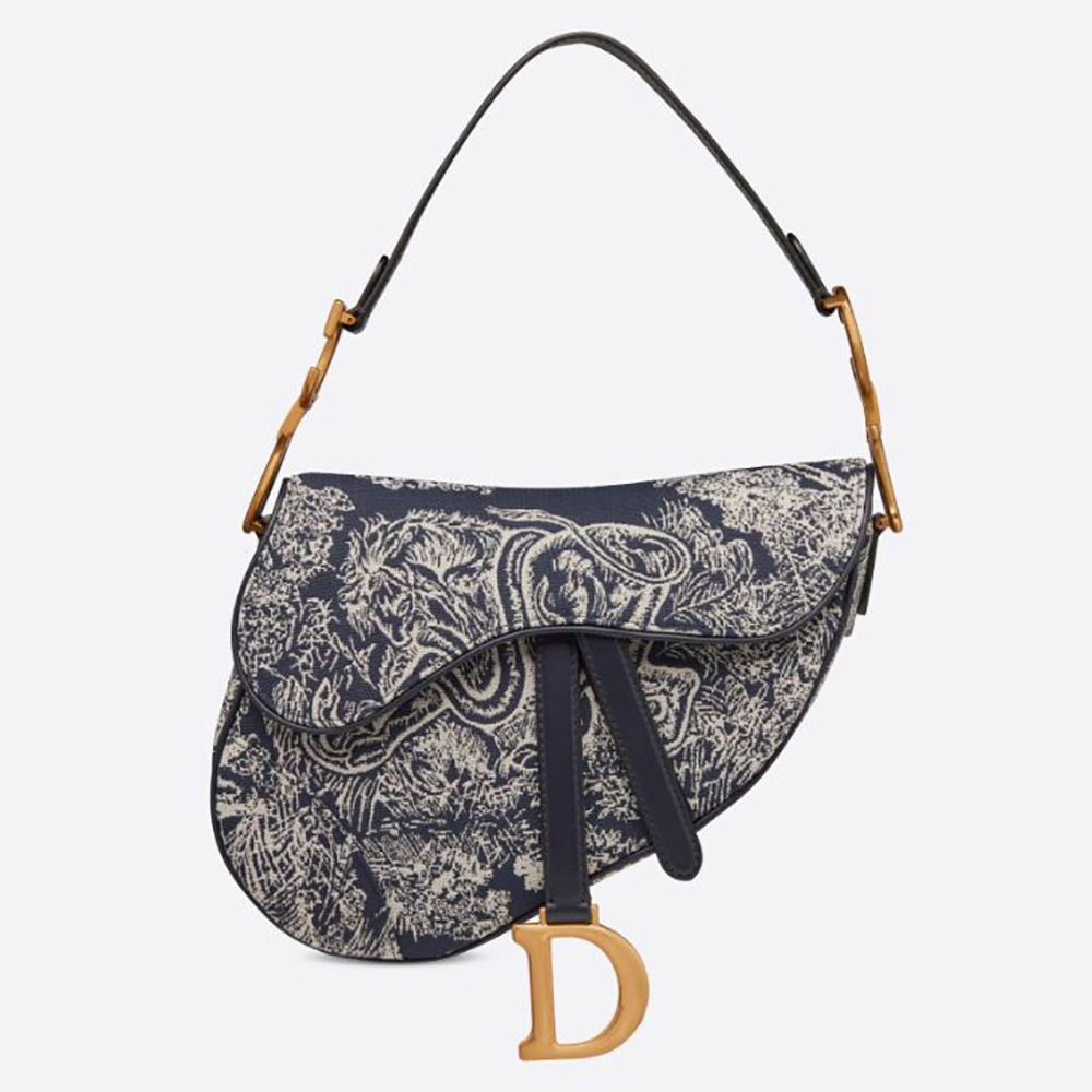 Front view of Dior Women Saddle Bag Toile DE Jouy Reverse Jacquard in black
