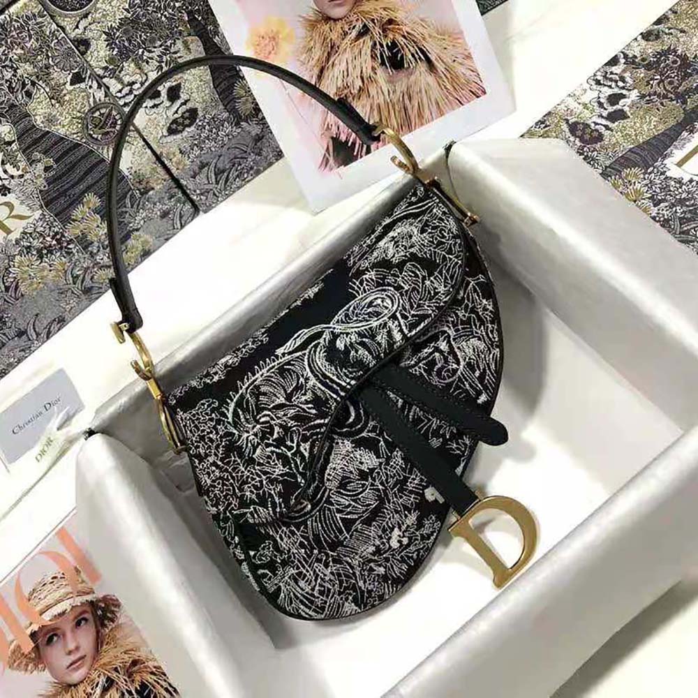 Close-up of toile de Jouy jacquard fabric on Dior Saddle Bag